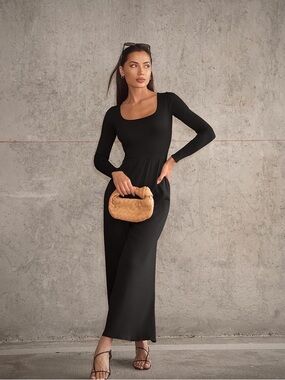 OQQ Ribbed Long Sleeve Wide Leg Square Neck Jumpsuit Size Small